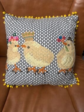 Whimsical "Chic Chicks" Embroidered Pom-Pom Pillow by Karma Living